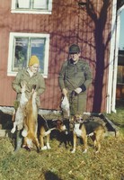 Fin jaktdag. två harar o en räv. Terttu gick ut med Mira och jag tog unghunden Mikko 18 månader. Terttu hade tidigare inte tagit ur någon hare och tog löfte av mig att jag skulle komma om det small. Ganska omgående hörde jag att mira tog upp hare. (hon drev inget annat)Mikko började också driva ganska snart. mikkos drev buktade och helt plötsligt hade jag en räv inpå mig. Jag skadsköt den men Mikko tog sig an fallet att göra slut på räven. Så hörde jag att Terttu också avlossade ett skott och Miras drev slutade efter ett par minuter. Jag gick mot Terttu o då jag var på 100 m från henne satte jag mig på en stubbe med Mikko i koppel o räven i hand. Efter en tid slutade Terttu att kalla på mig och då förstod jag att hon gripit sig verket an. Jag gick fram och sa: Du klarade det! Grattis. Senare på eftermiddagen gick jag ut för ett eftermiddags drev med Mikko och skjöt då en hare för honom. Detta skedde 1978. tyvärr fick Mikko en "stövartumör" som veterinärerna kallade det. En fettknut där bröstkorgen är som djupast och jag fick avliva honom. Inte kul med så bra början.